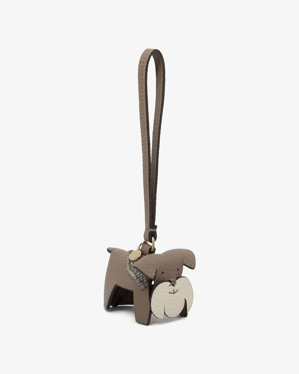 Strathberry tartan dog leather bag charm with loop strap and gold disc