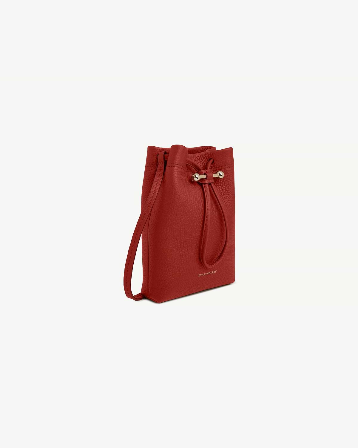 Levanto red Osette Midi pouch with drawstring and gold Strathberry logo.