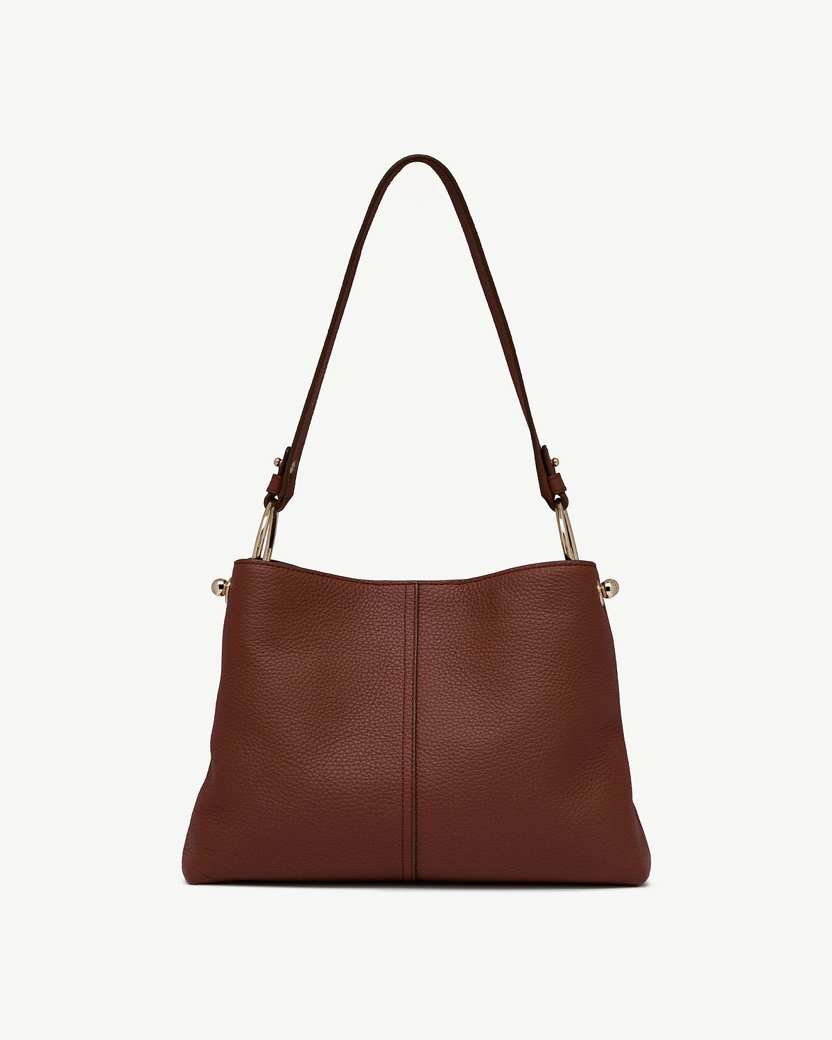 Walnut pebbled leather hobo bag with single strap and gold-tone hardware.