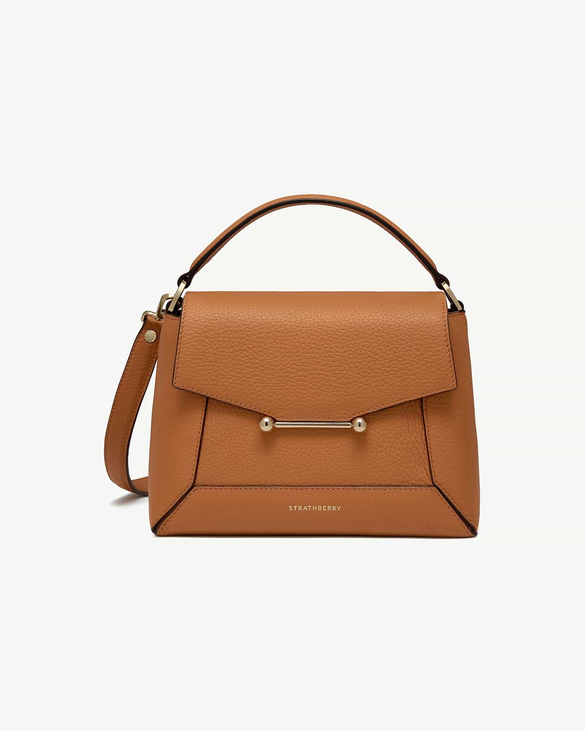 Strathberry mosaic bag in honey pebbled leather with top handle and gold hardware