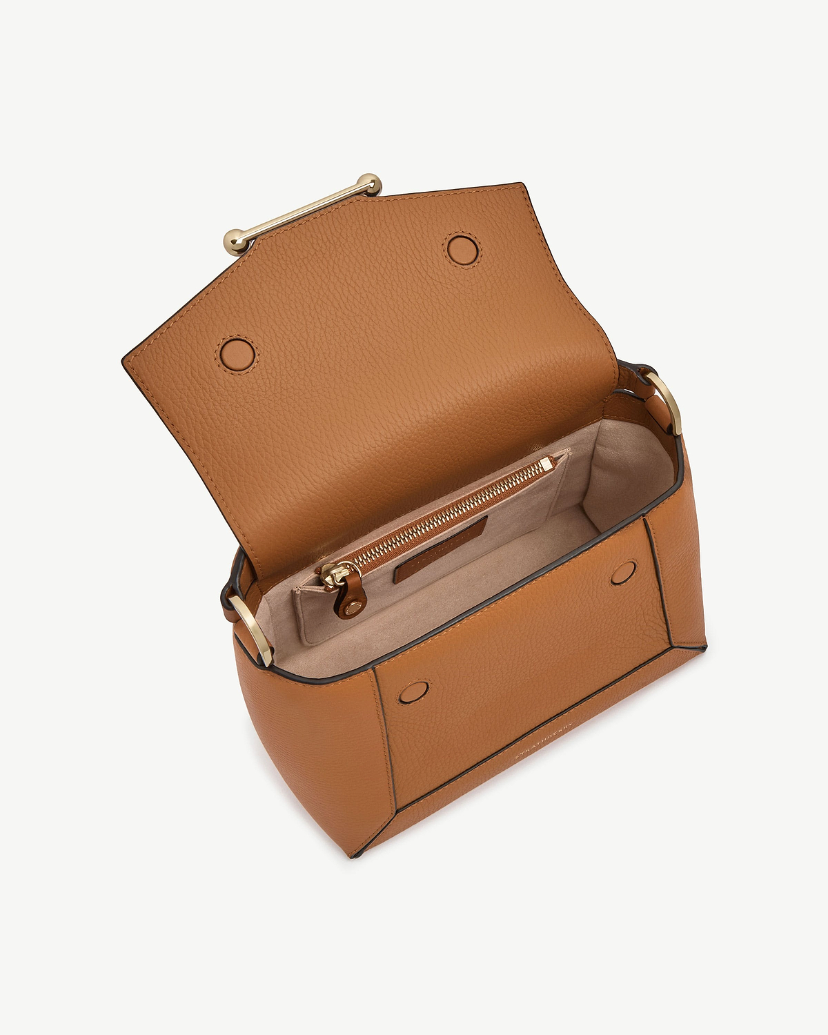 Honey mosaic bag with open flap, beige interior and gold hardware.
