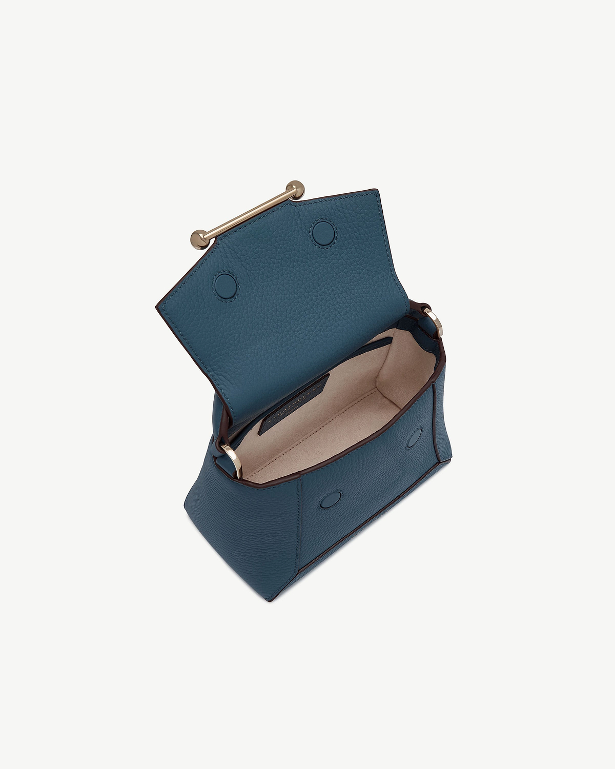 Loch blue leather Mosaic Nano bag open, showing beige interior and gold bar closure