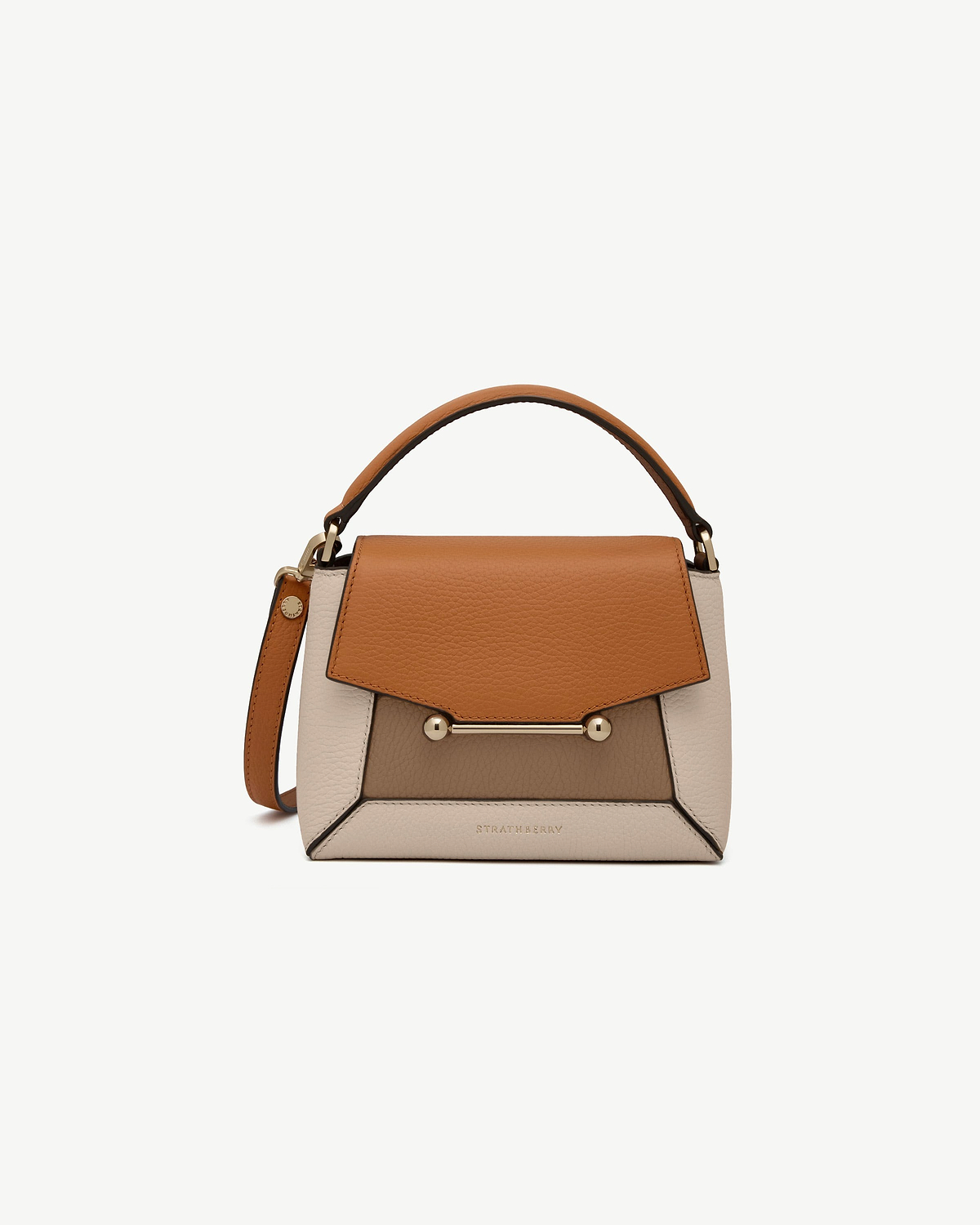 Strathberry Mosaic Nano bag in oat, honey and clay with top handle.