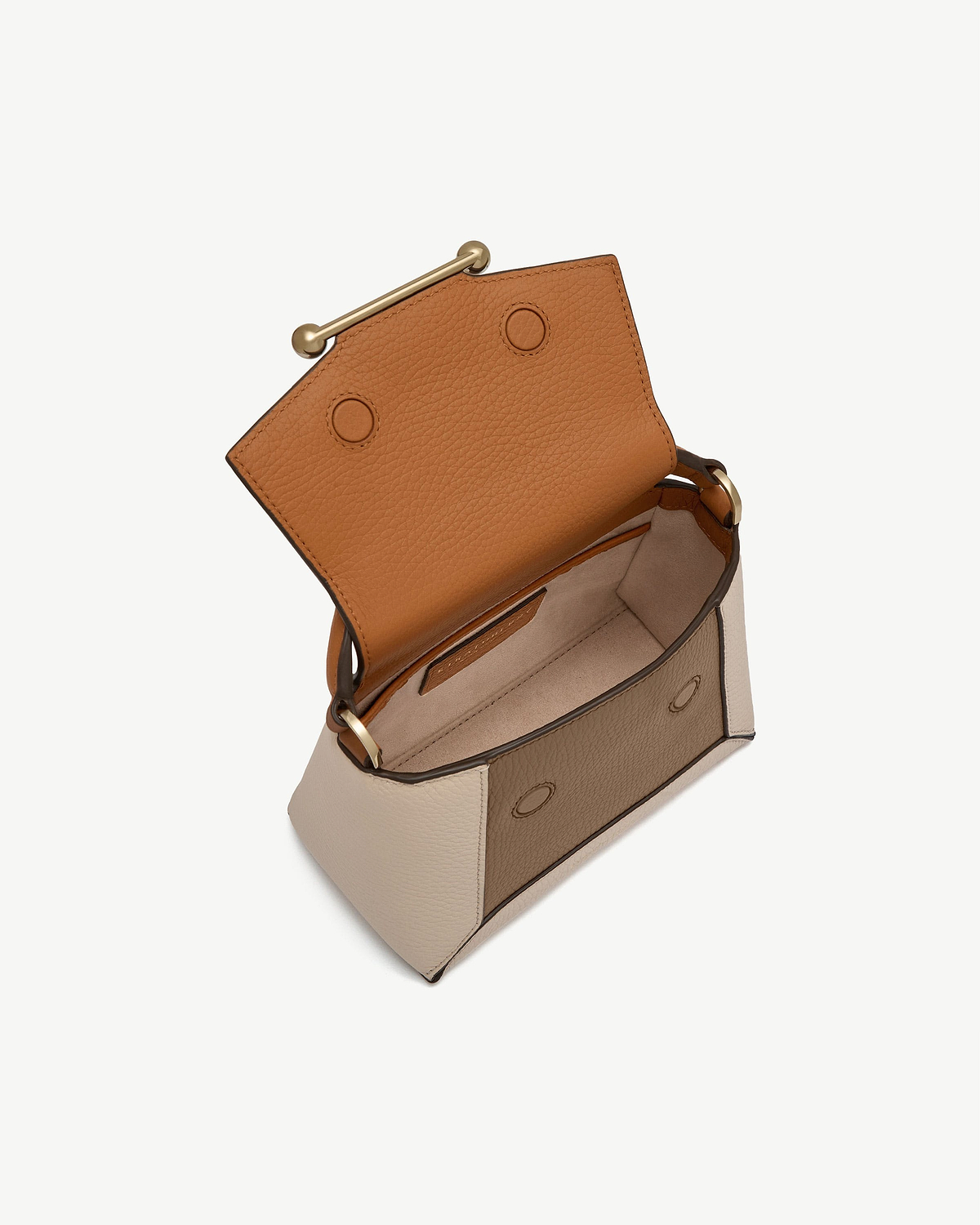 Open-top colour-block leather bag in oat, honey and clay tones with gold bar