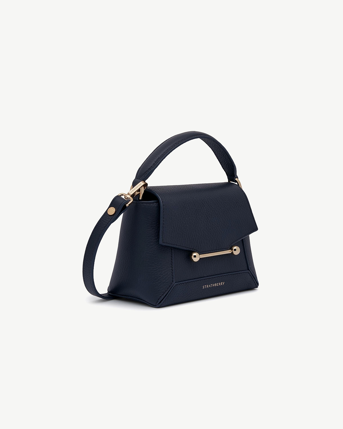 Strathberry Mosaic Nano navy leather top-handle bag with gold bar closure