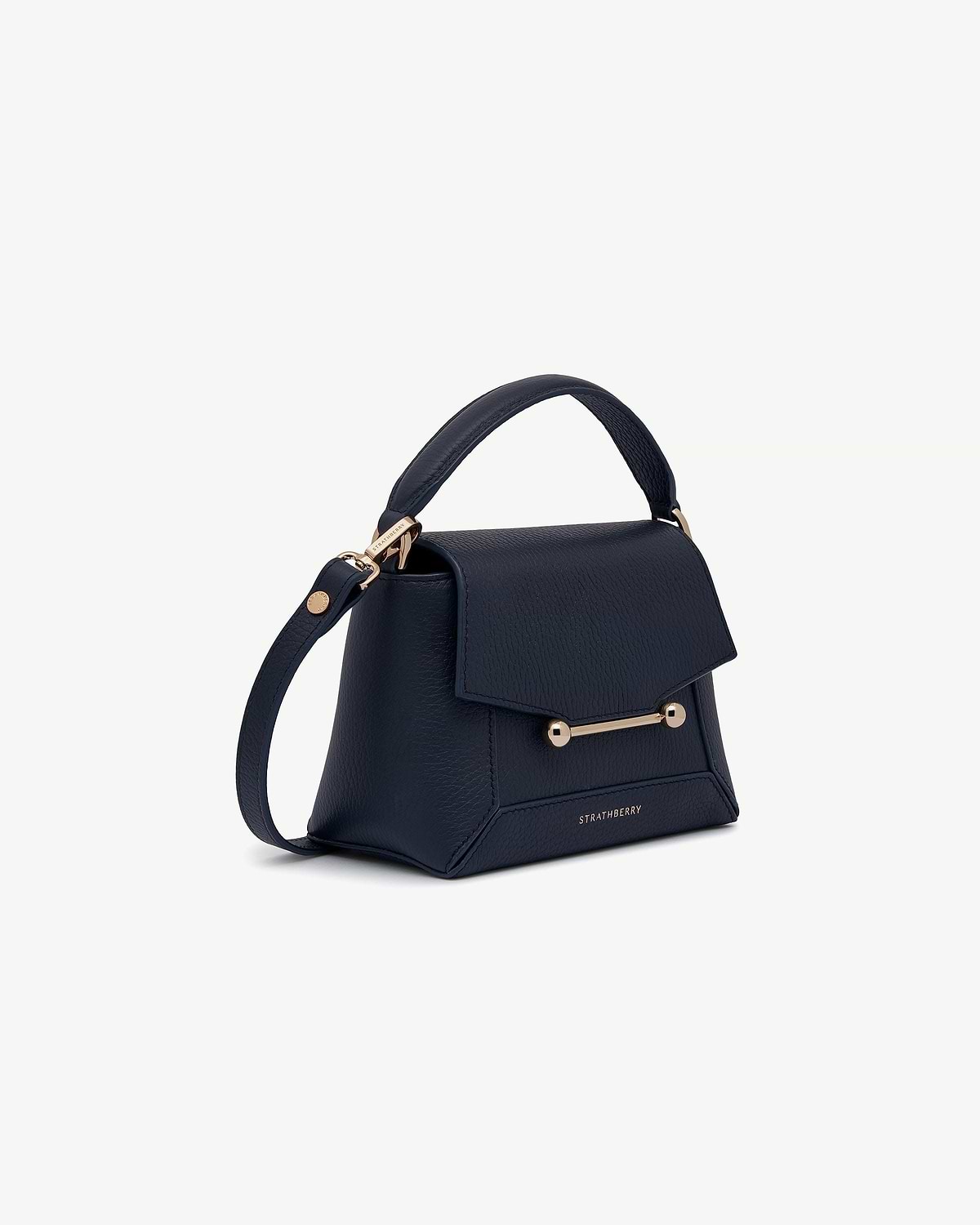 Strathberry Mosaic Nano navy leather top-handle bag with gold bar closure