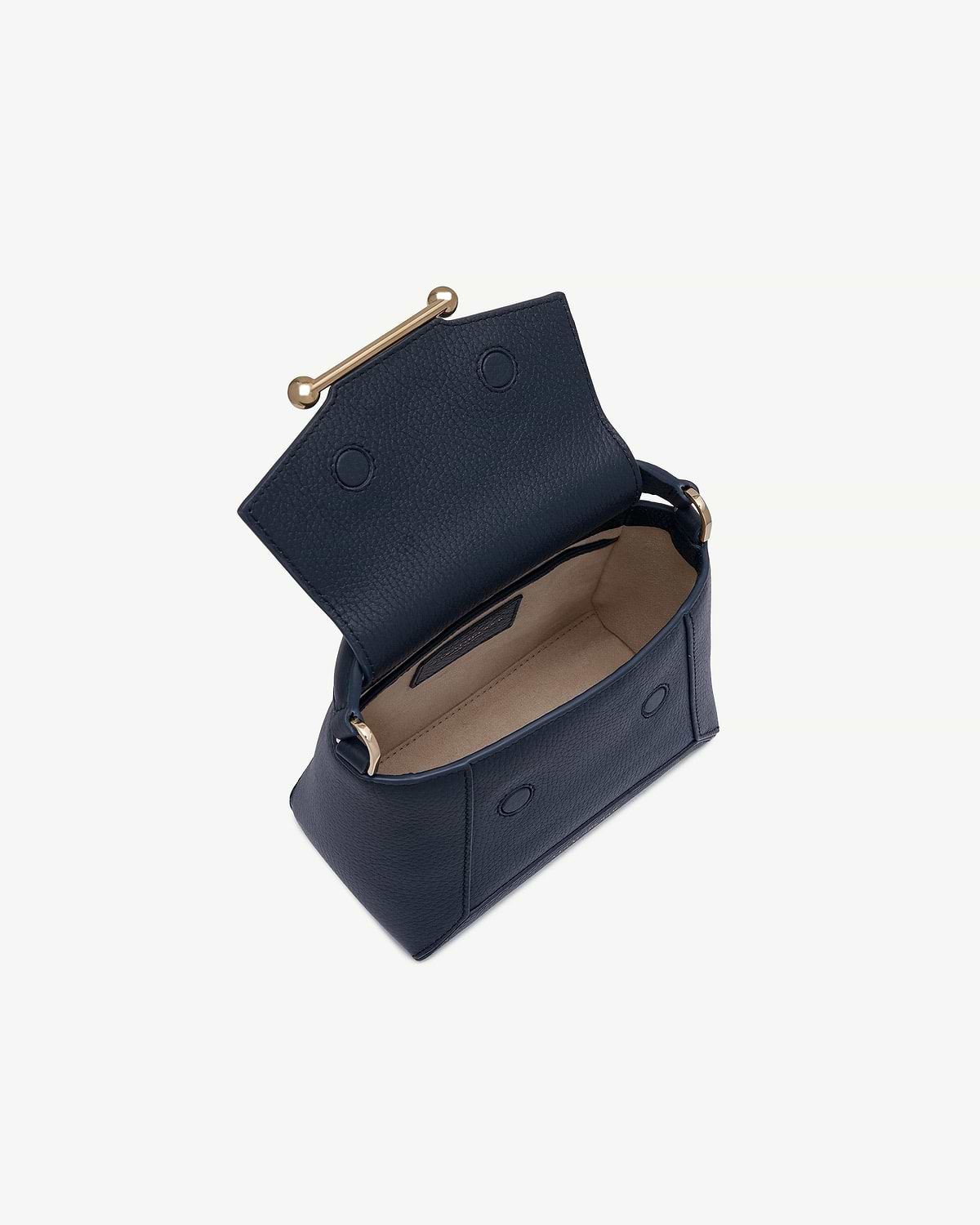 Navy Mosaic Nano bag with open flap showing beige lining and gold bar fastening.