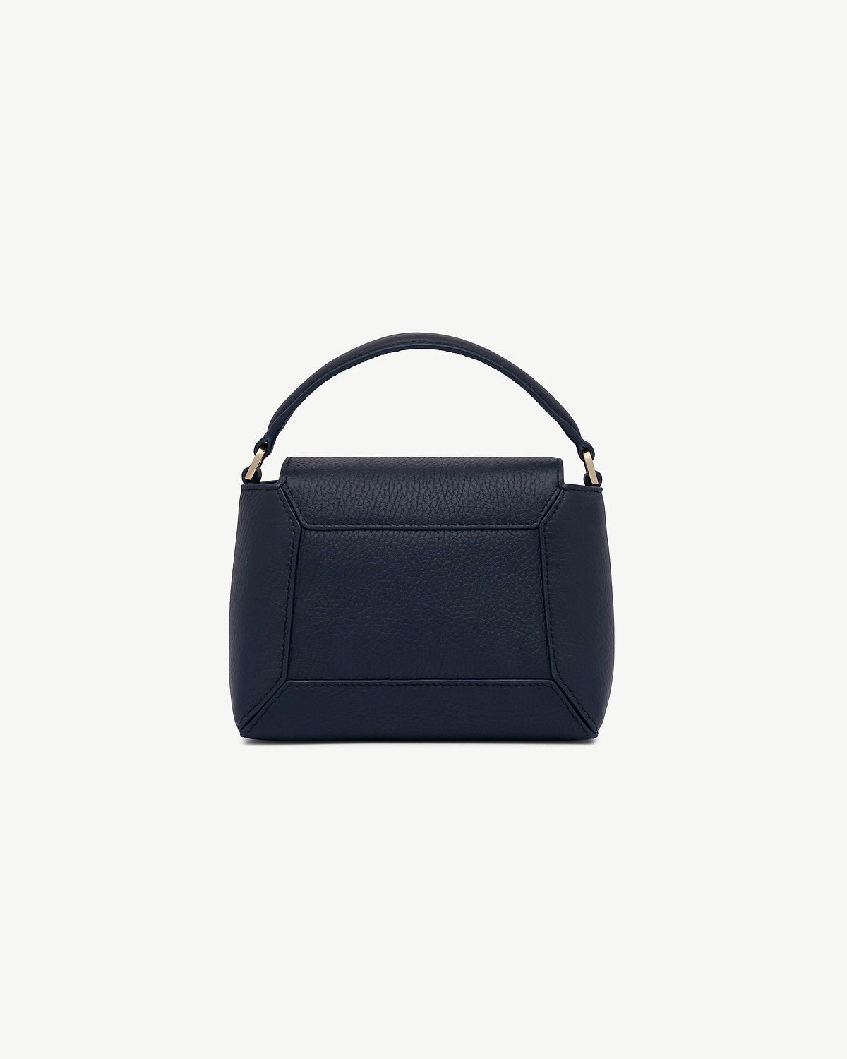 Navy Mosaic Nano bag with top handle and pebbled leather panels.