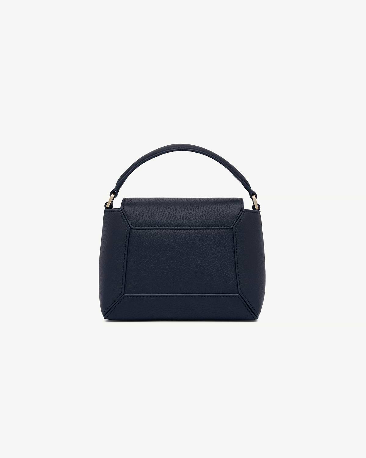 Navy Mosaic Nano bag with top handle and pebbled leather panels.