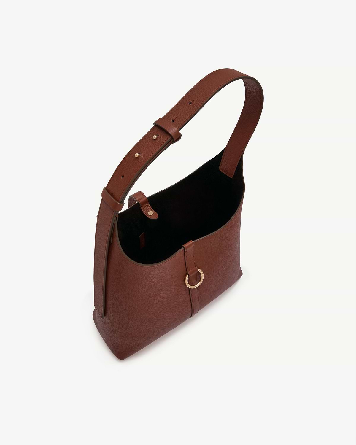 Walnut leather hobo bag with adjustable shoulder strap and gold ring detail.
