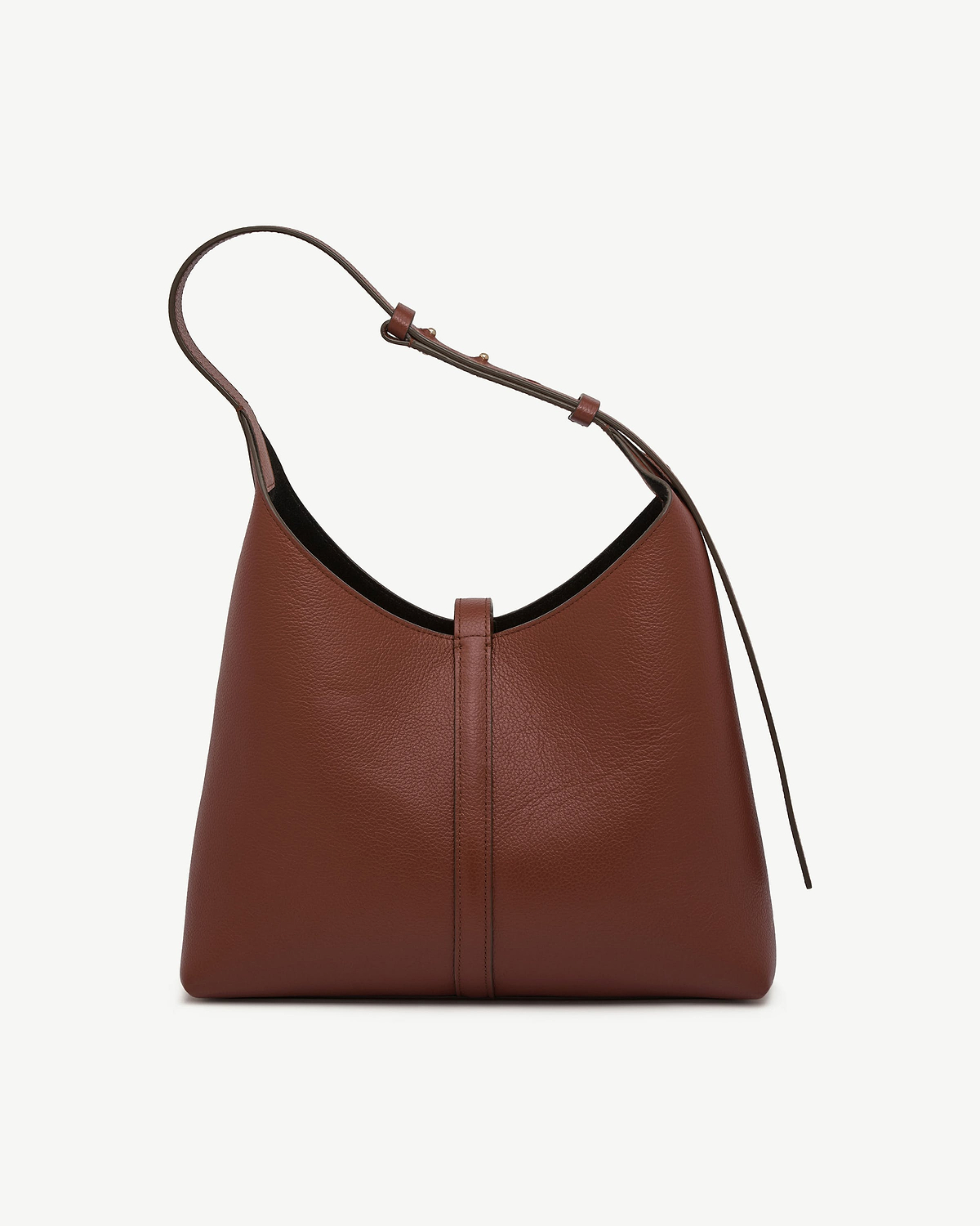 Walnut leather kite hobo bag with single shoulder strap and central seam.
