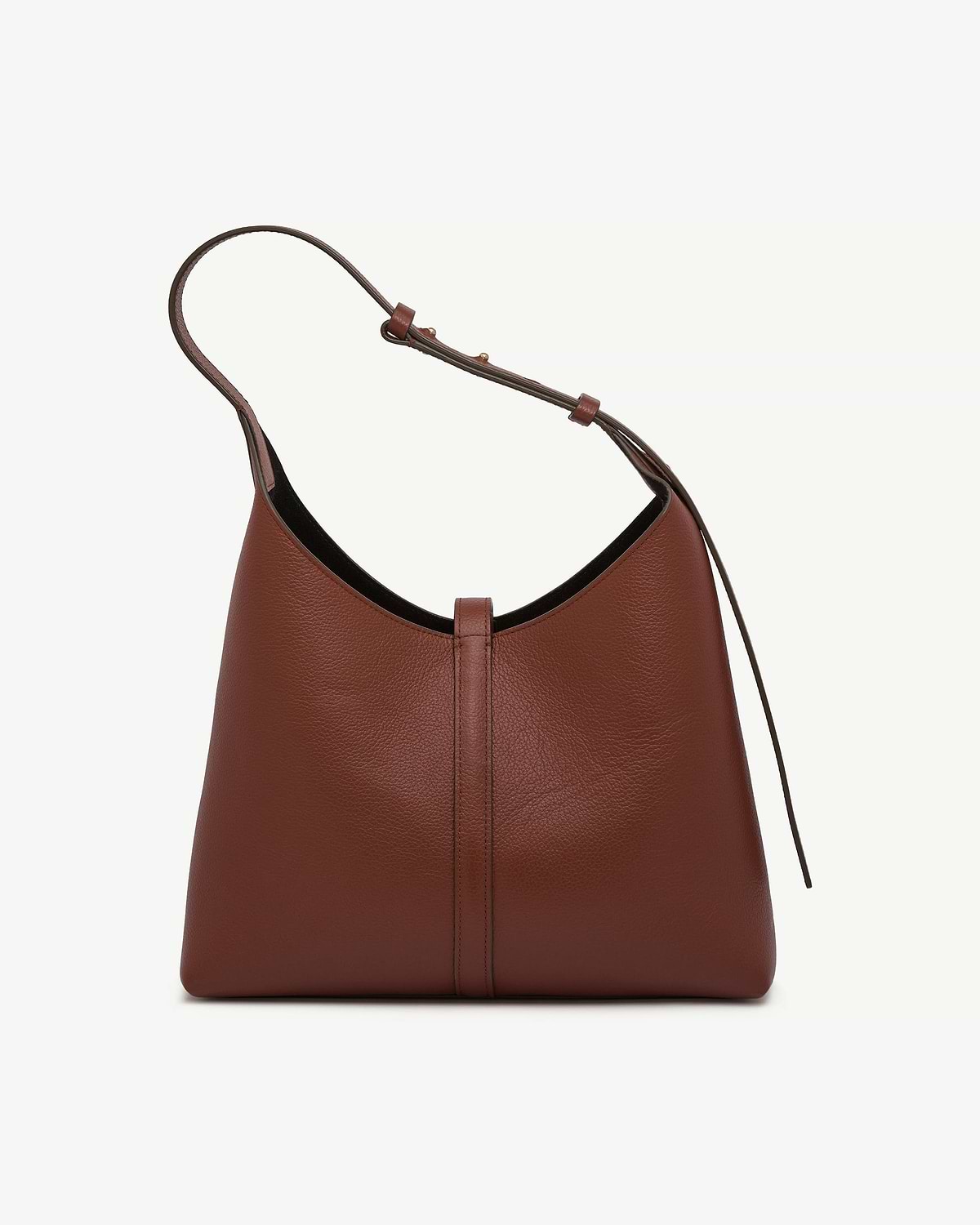 Walnut leather kite hobo bag with single shoulder strap and central seam.