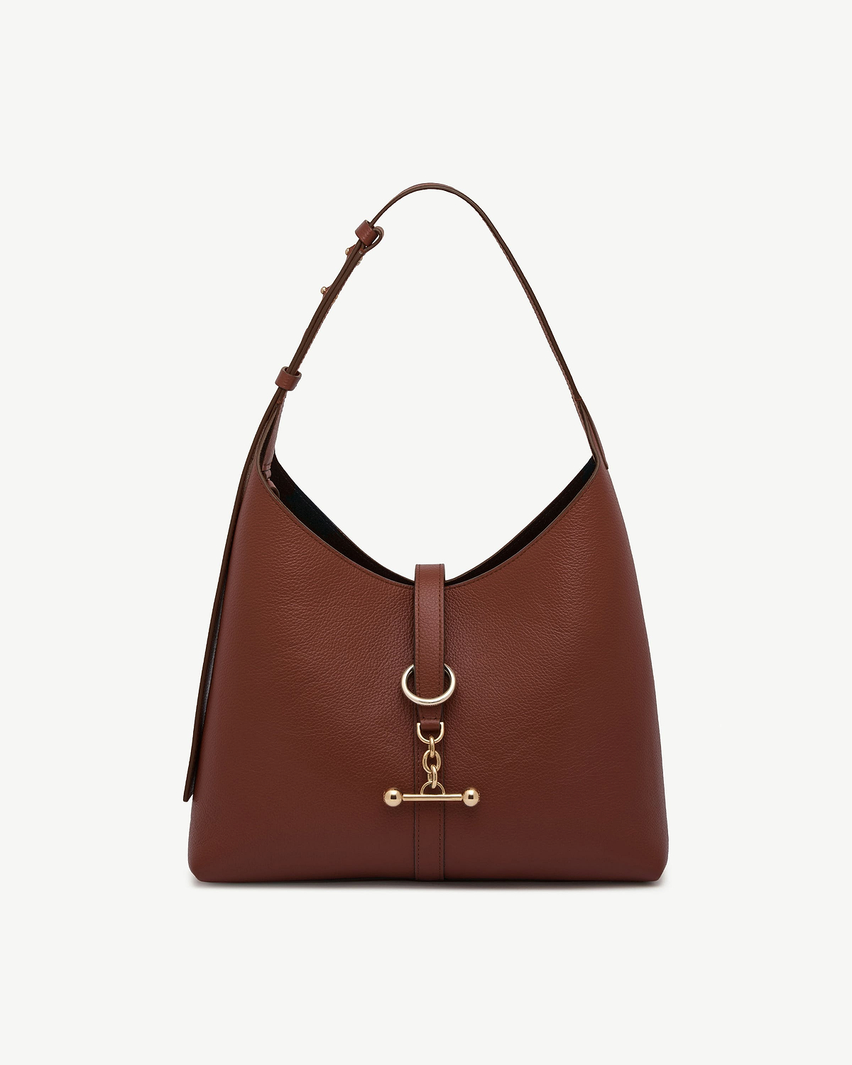 Kite Hobo bag in walnut leather with shoulder strap, pebbled texture and gold hardware.
