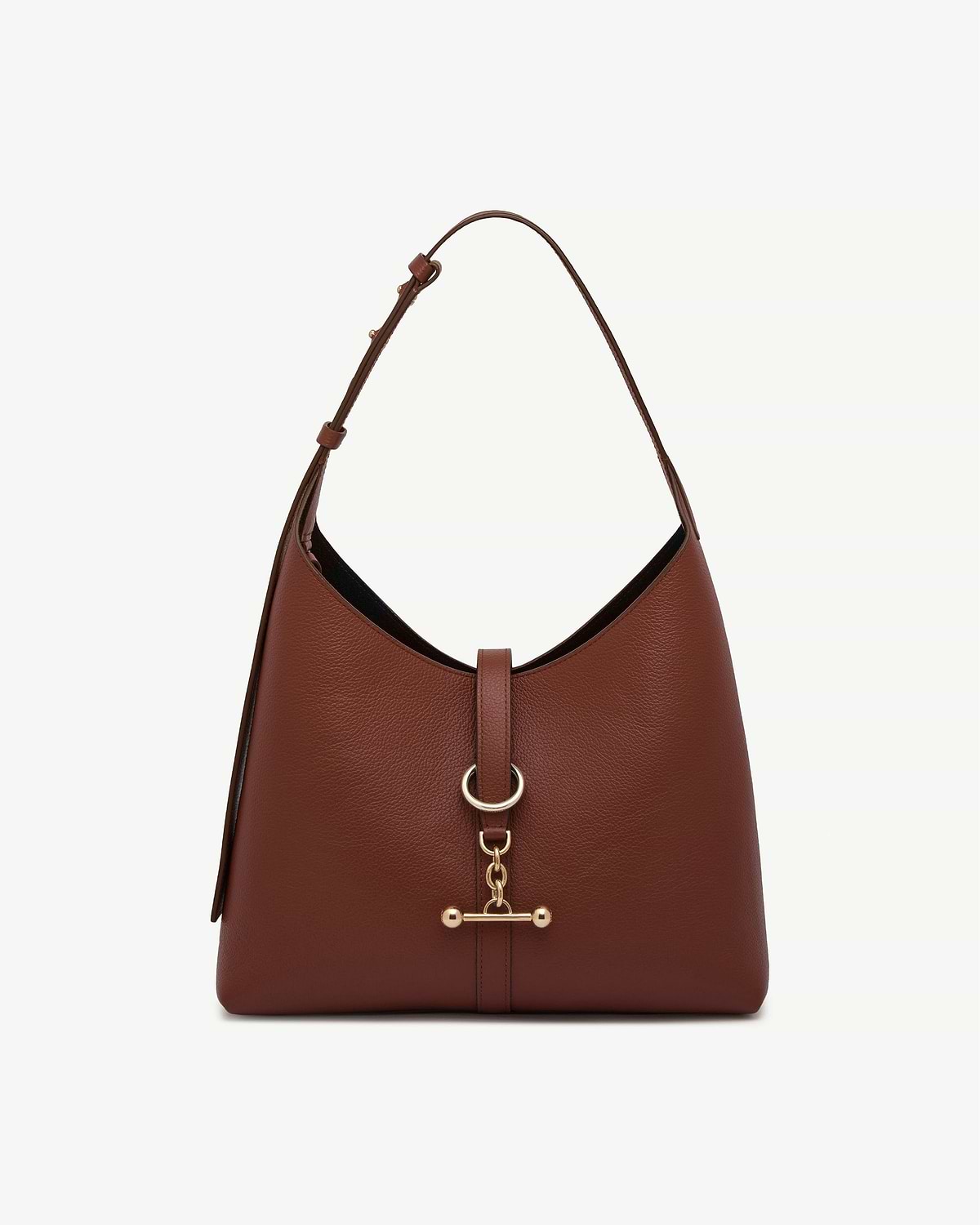 Kite Hobo bag in walnut leather with shoulder strap, pebbled texture and gold hardware.