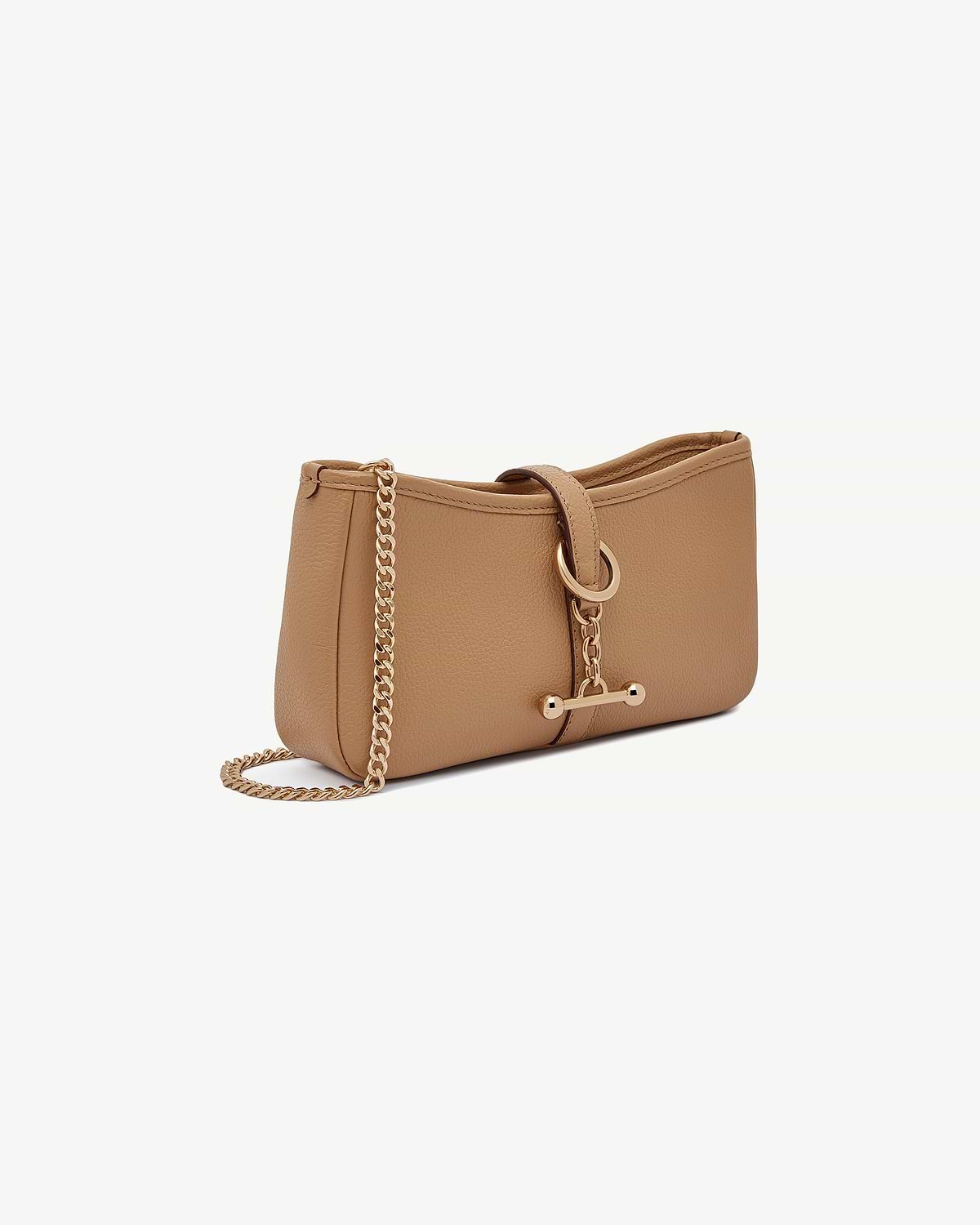 Caramel leather Kite on a Chain bag with gold chain and ring hardware.