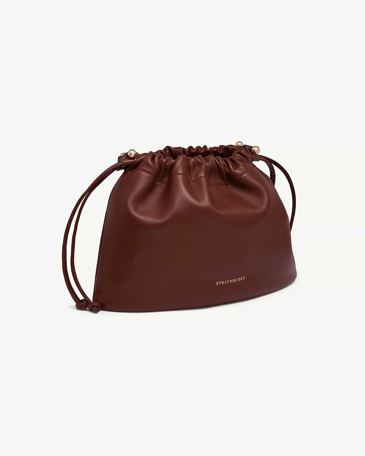 Walnut leather Charlotte midi drawstring bag with gold Strathberry logo.