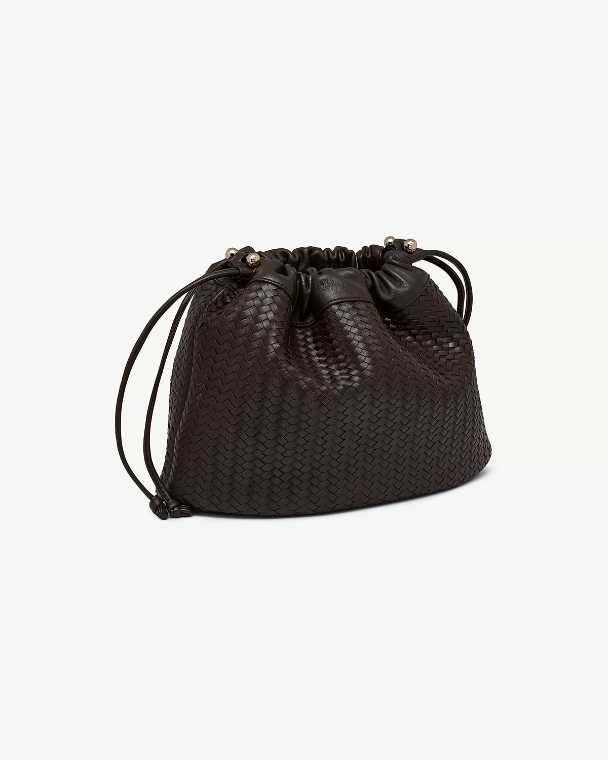 Chocolate woven leather drawstring bag with braided texture and metal bead detailing