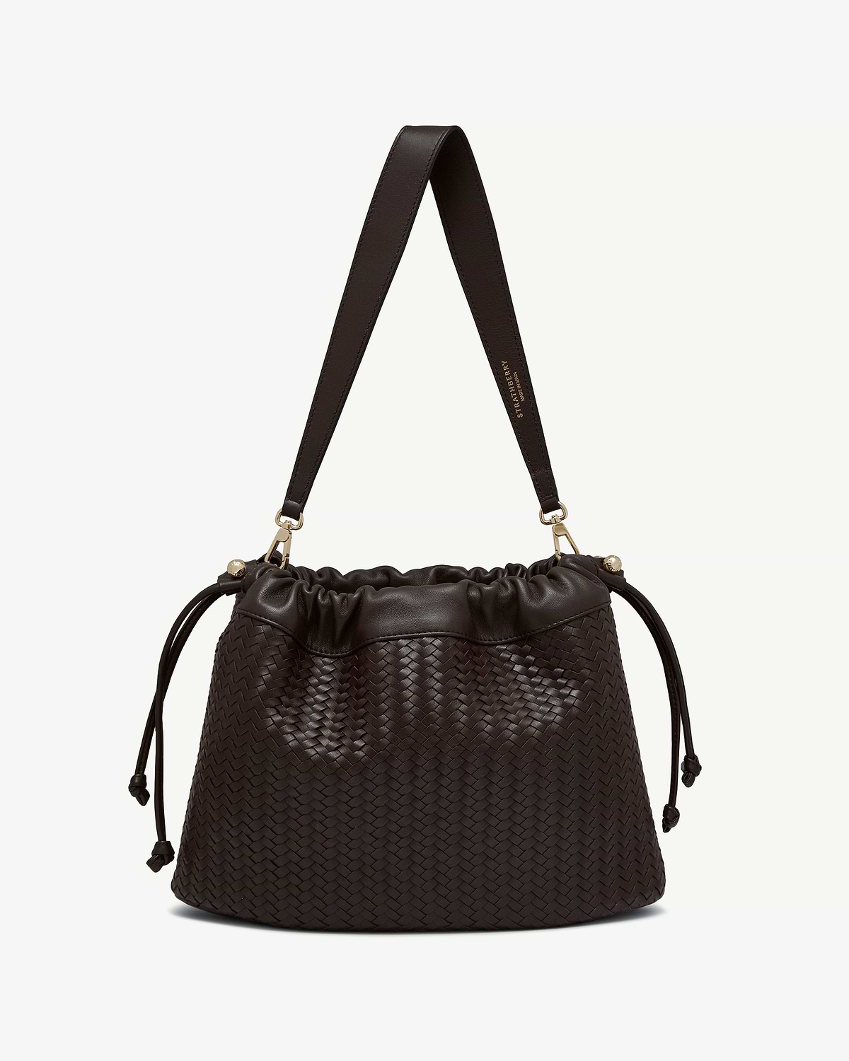 Strathberry chocolate woven leather Charlotte midi drawstring bag with strap and gold hardware