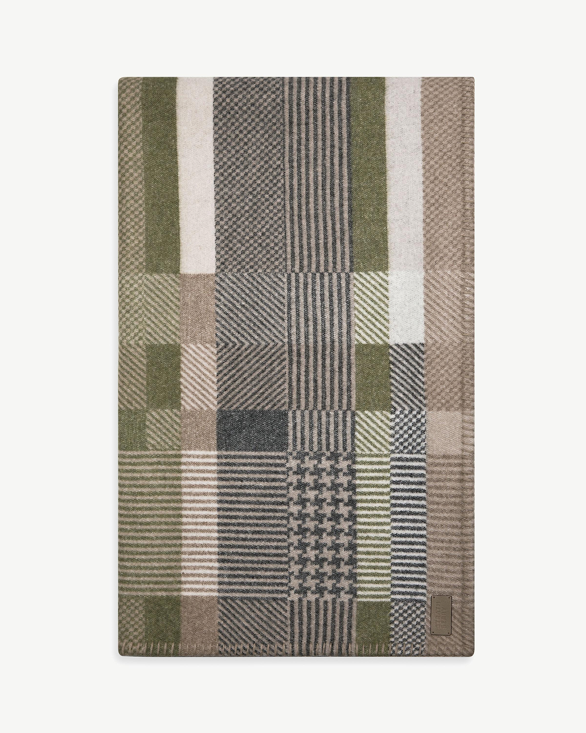 Strathberry tartan blanket with green, beige and grey checked pattern.