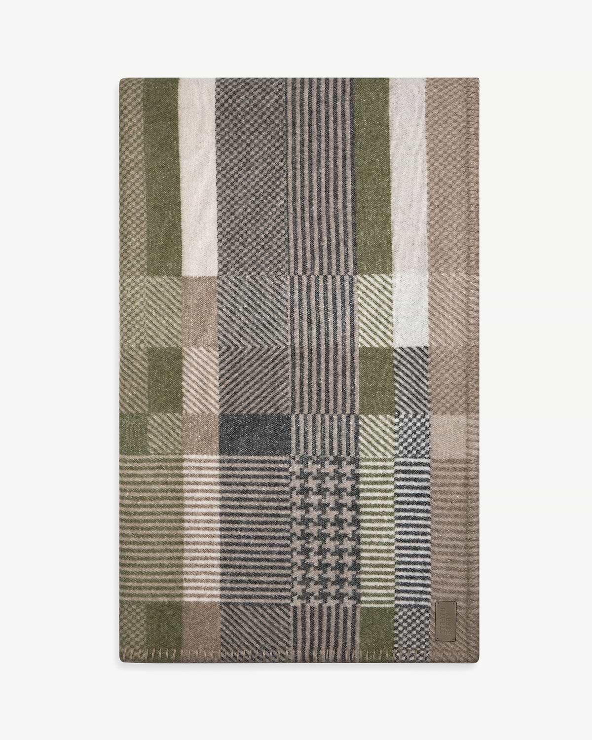 Strathberry tartan blanket with green, beige and grey checked pattern.
