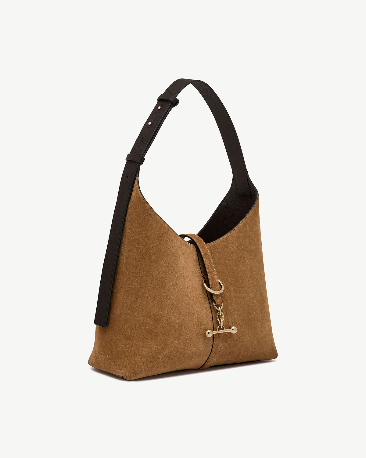 Toffee suede hobo bag with espresso leather strap and gold hardware.