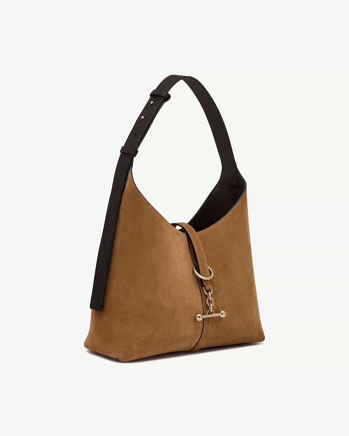 Toffee suede hobo bag with espresso leather strap and gold hardware.