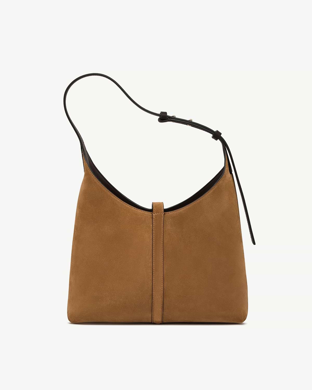 Kite hobo bag in toffee suede with espresso leather trim and thin strap.