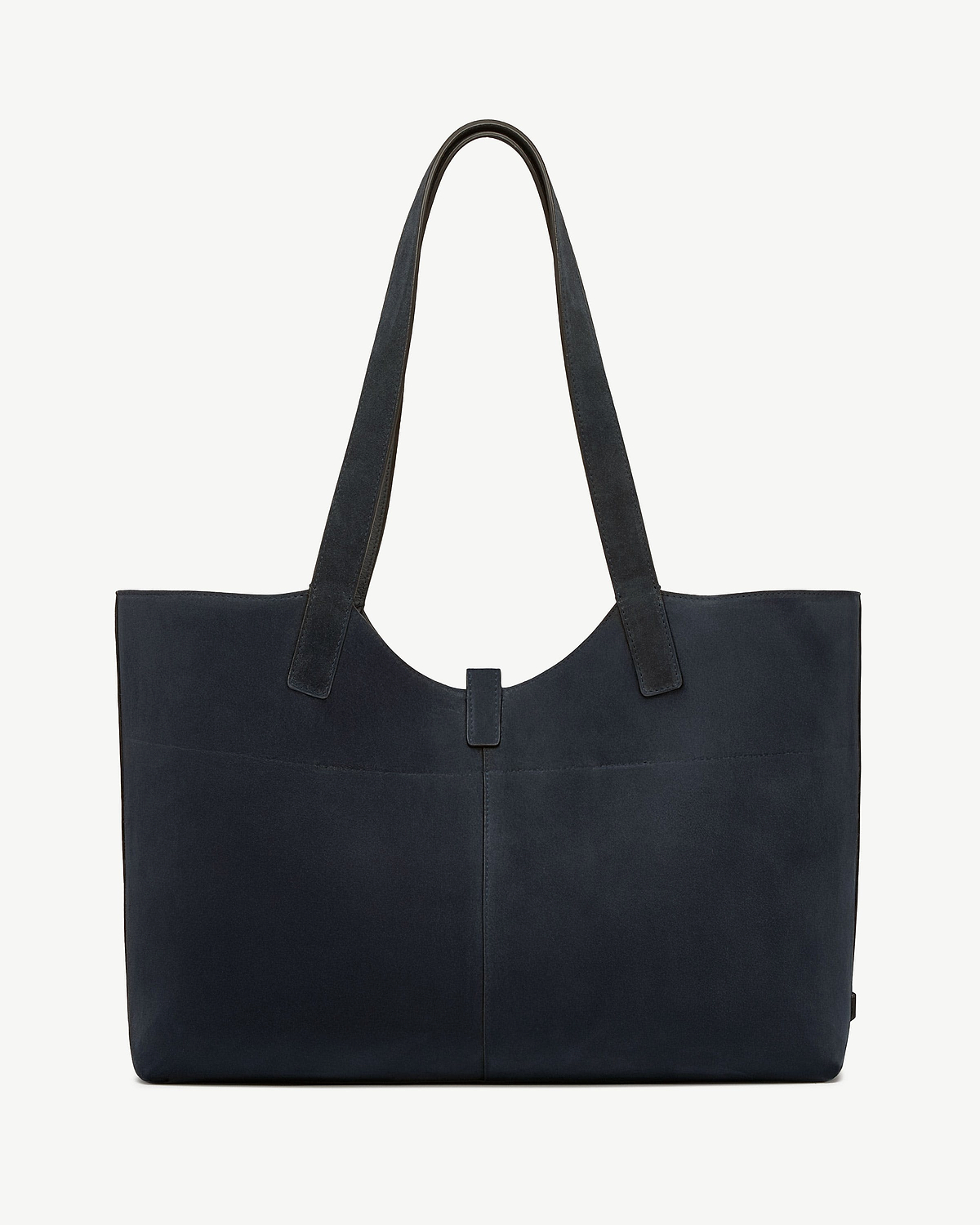 Navy suede Kite tote with long handles and curved top opening
