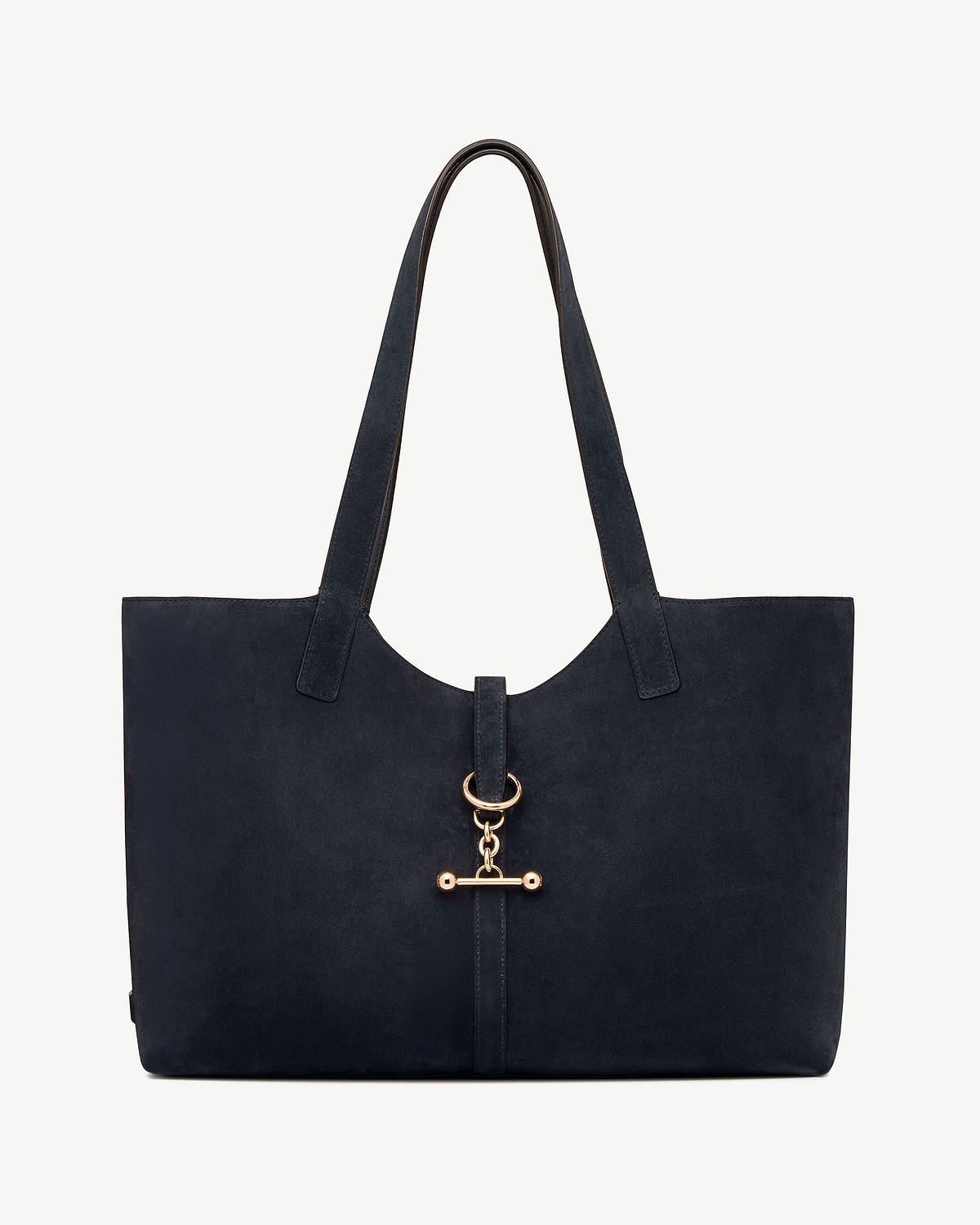 Navy suede Kite tote with long handles and gold ring toggle hardware
