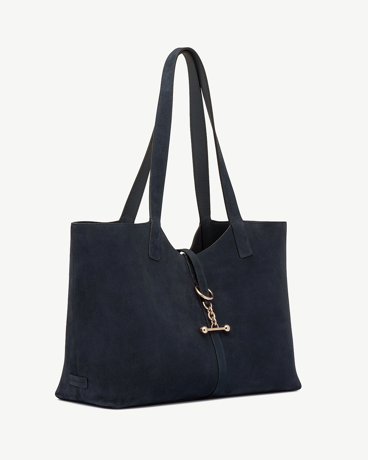 Navy suede Kite Tote with long straps and gold chain T-bar fastener.