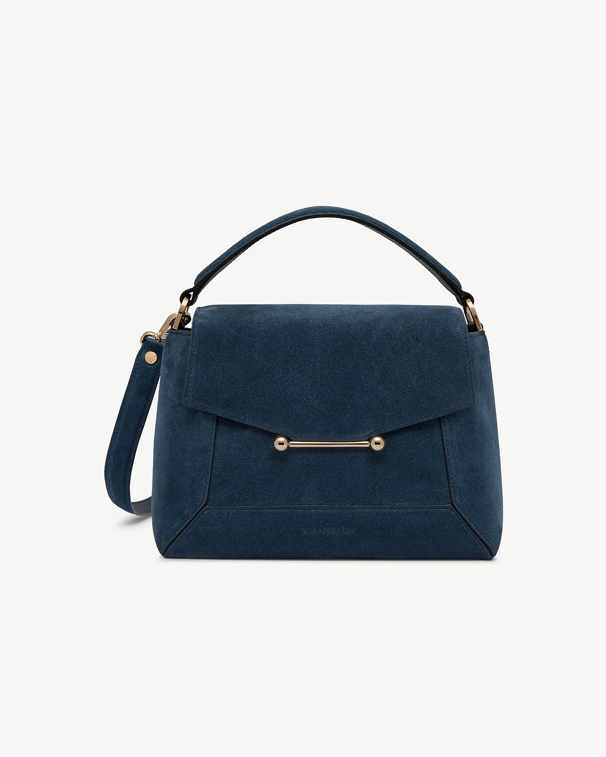 Loch blue suede mosaic bag with top handle and gold bar detail
