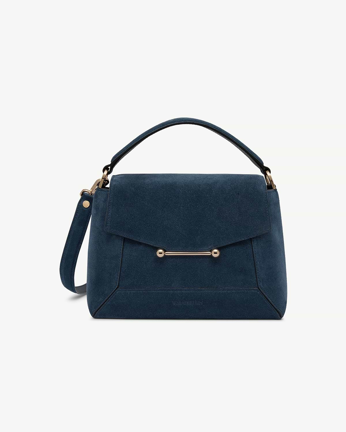 Loch blue suede mosaic bag with top handle and gold bar detail