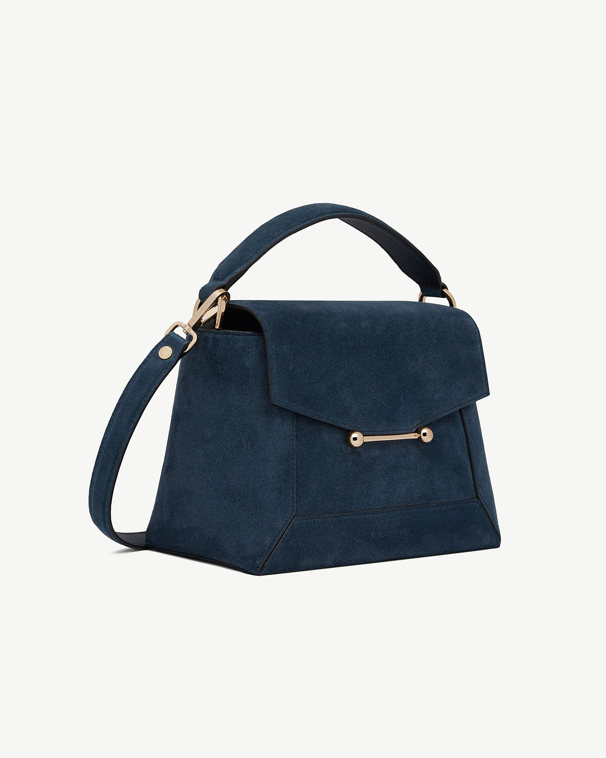 Loch blue suede mosaic bag with top handle, flap and gold bar detail
