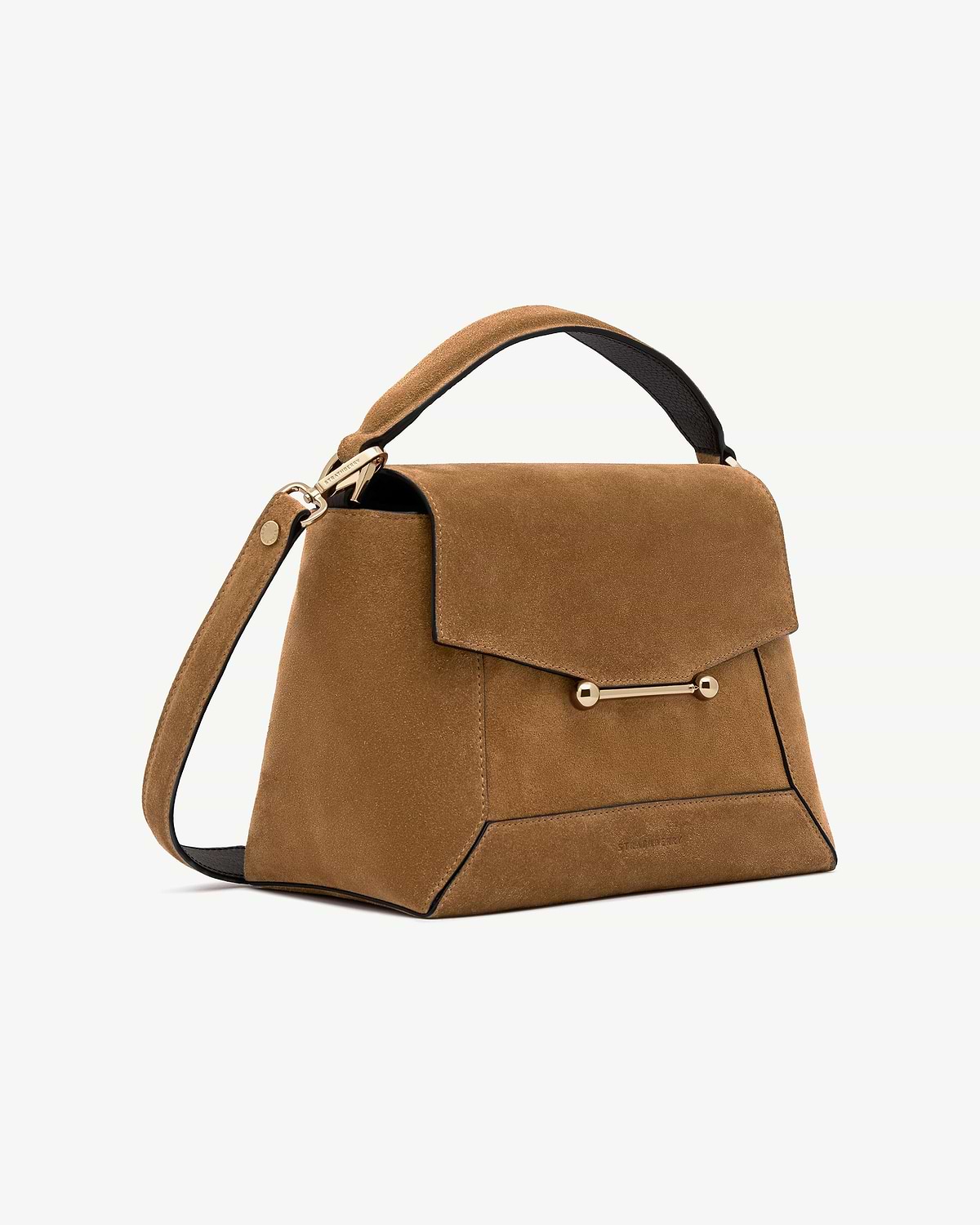 Strathberry Mosaic bag in toffee suede with espresso handle and gold bar clasp