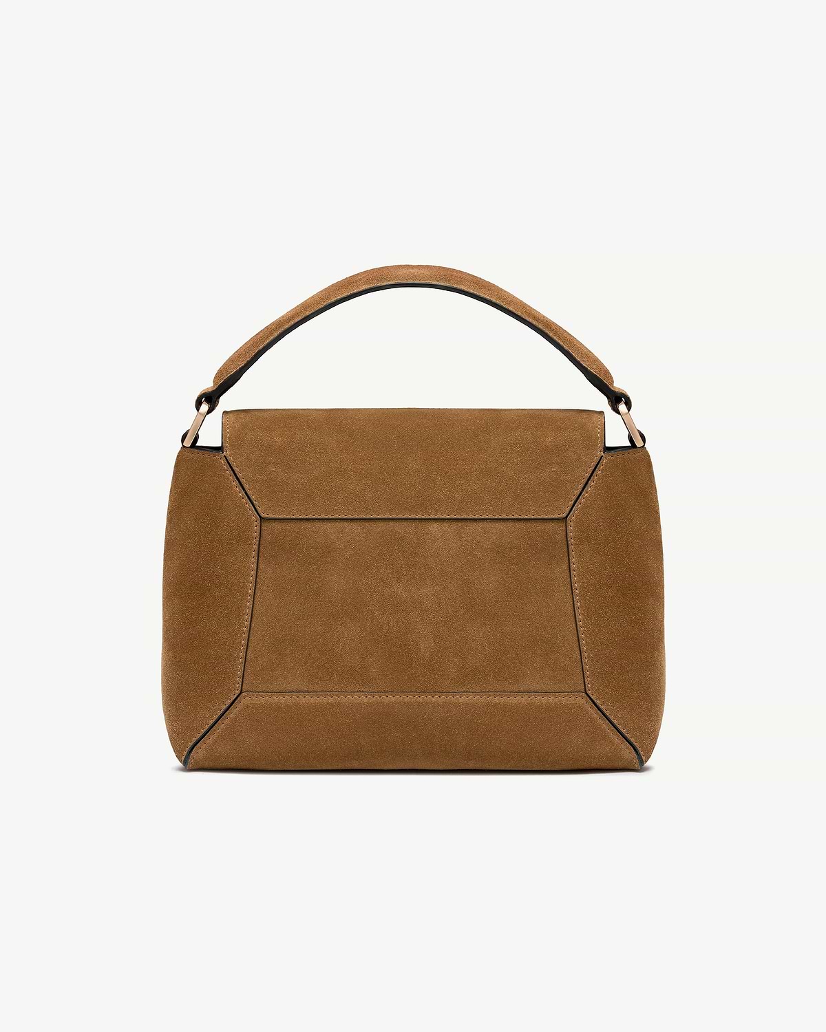 Top portion of a toffee suede mosaic bag with espresso-trimmed handle.