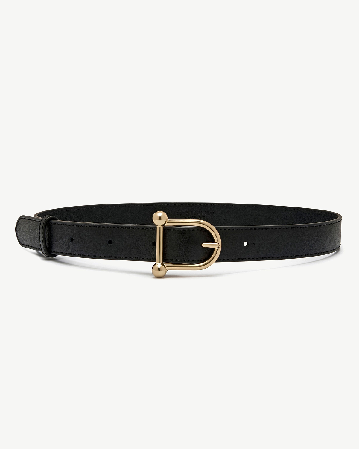 Black leather Islay belt with gold D-shaped buckle and visible Strathberry imprint