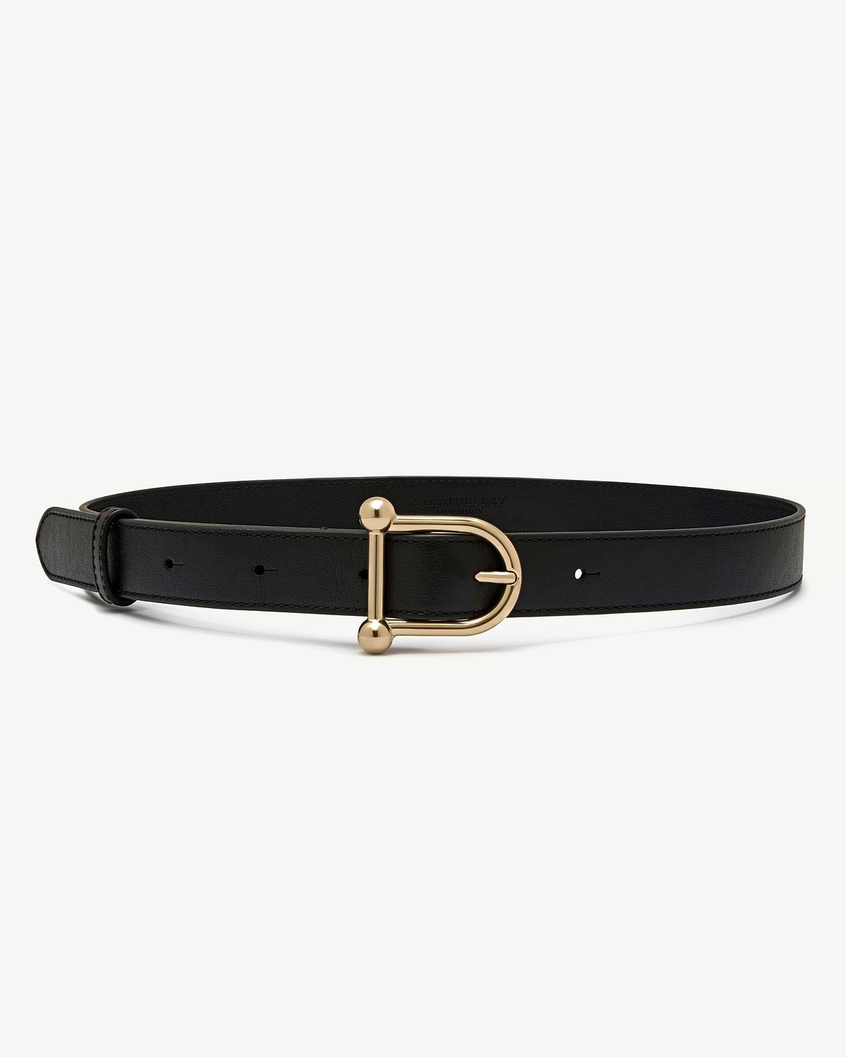 Black leather Islay belt with gold D-shaped buckle and visible Strathberry imprint