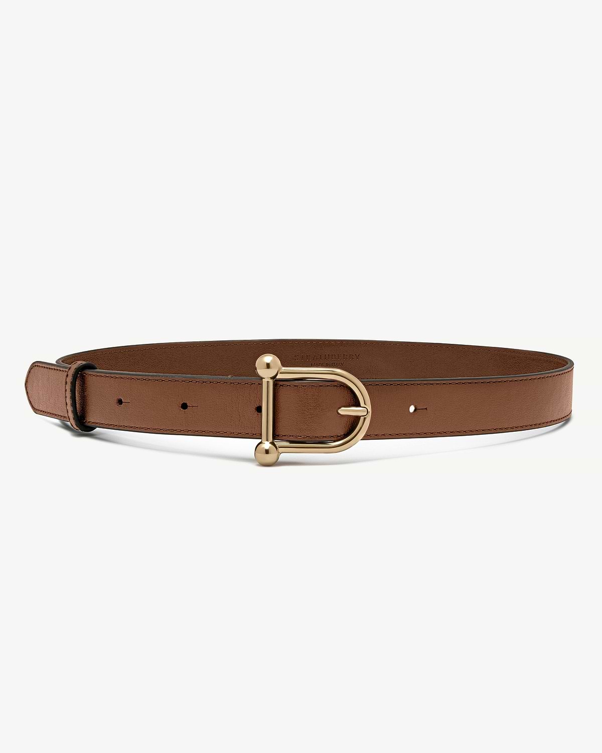 Hazelnut leather belt with gold D-shaped buckle and Strathberry embossing inside.