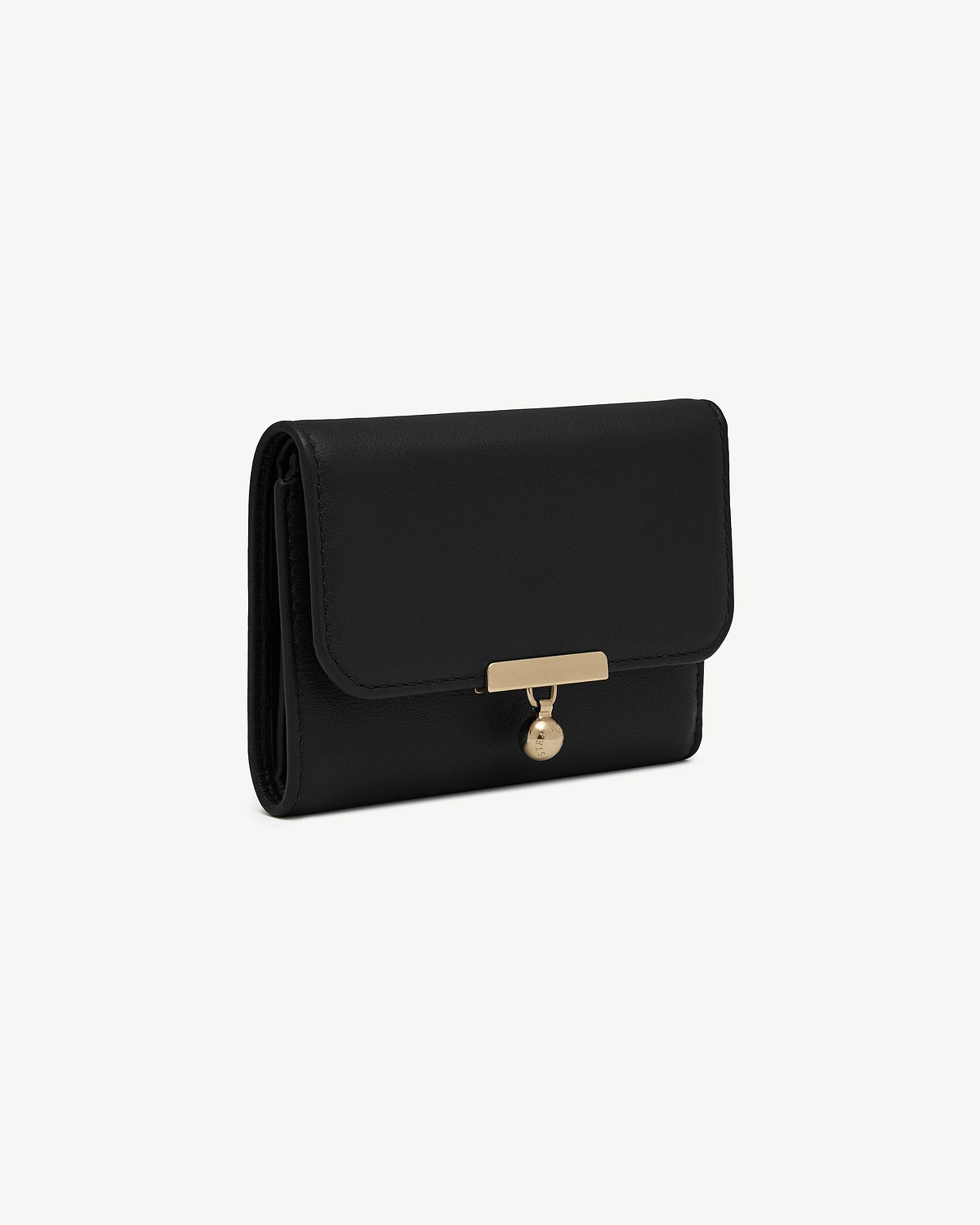 Black trifold wallet with gold bar clasp and hanging round charm.