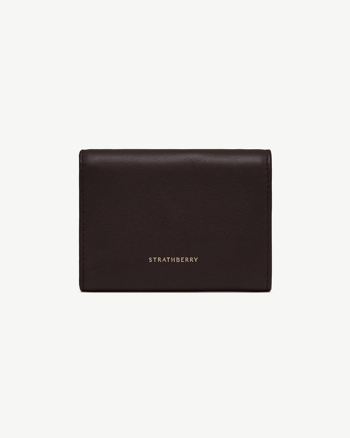 Espresso leather Nocturn trifold wallet with centred gold Strathberry logo