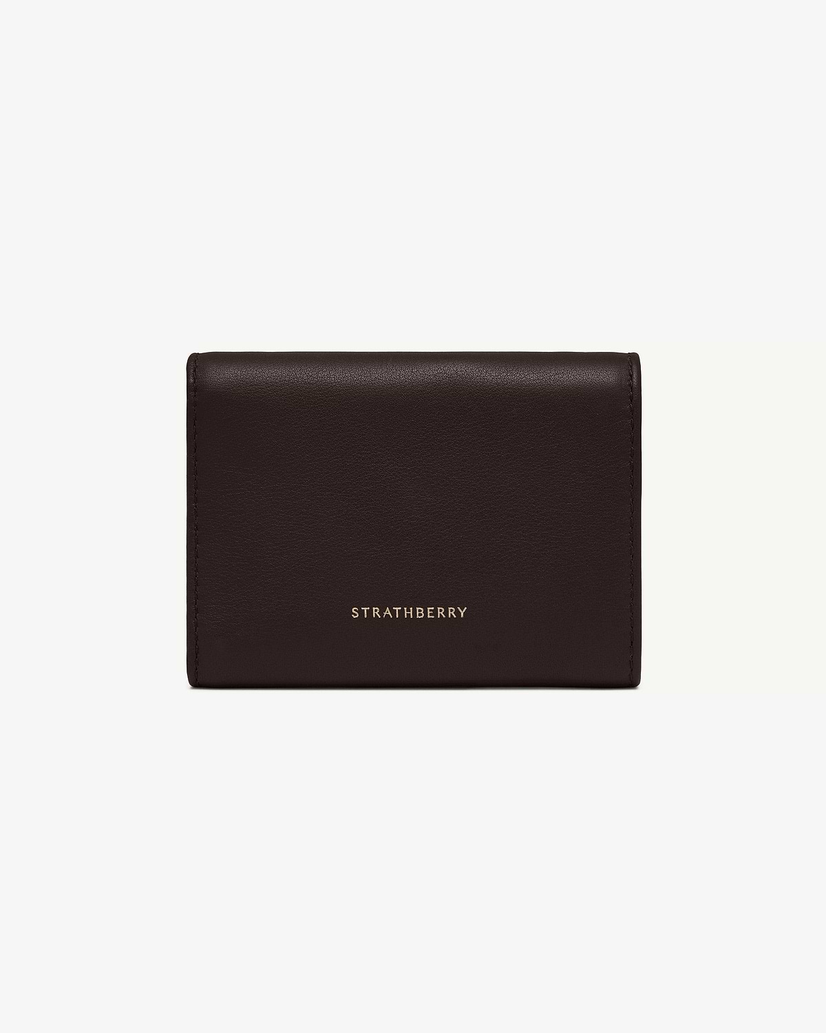 Espresso leather Nocturn trifold wallet with centred gold Strathberry logo