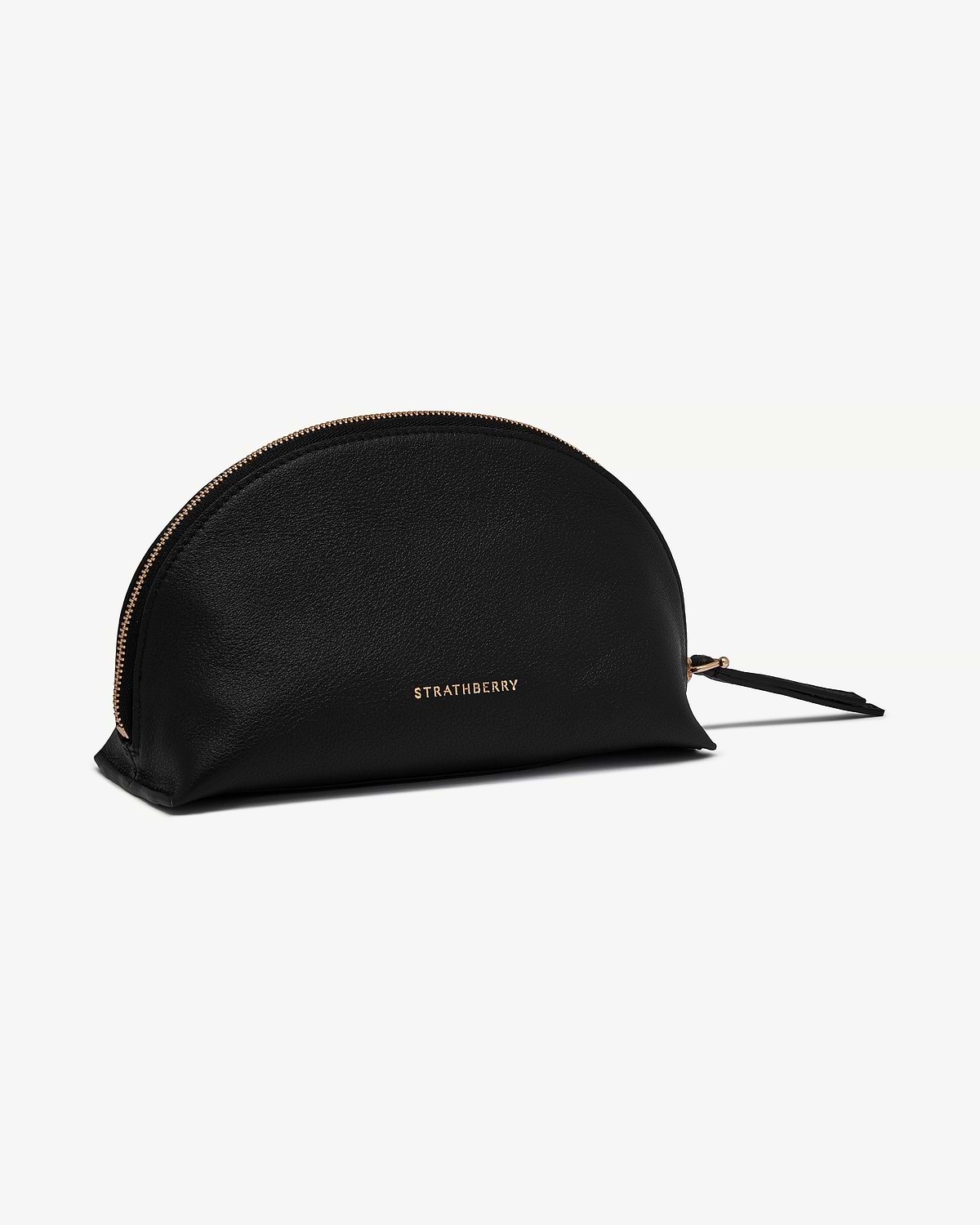 Black semi-circular leather pouch with gold Strathberry logo and zip pull.
