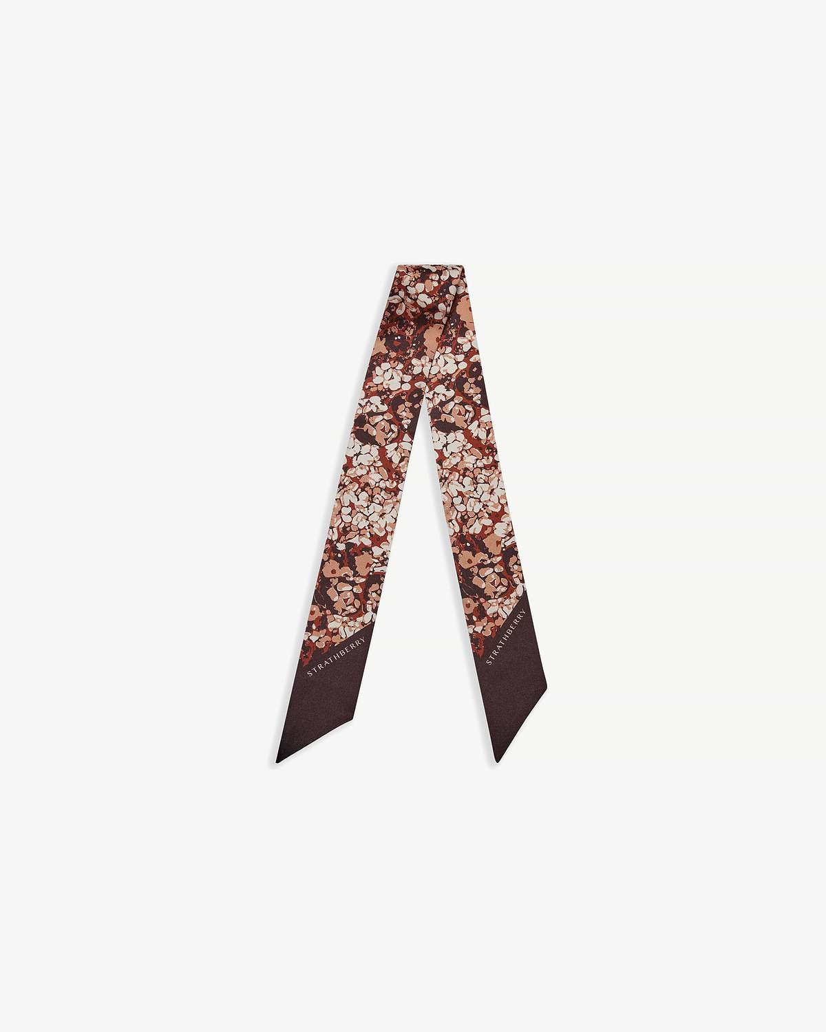 Burgundy and coral abstract-print silk skinny scarf with Strathberry logo.