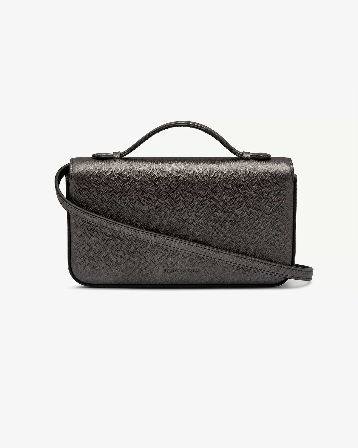 Nocturn clutch in metallic anthracite caviar with top handle, strap and Strathberry logo.