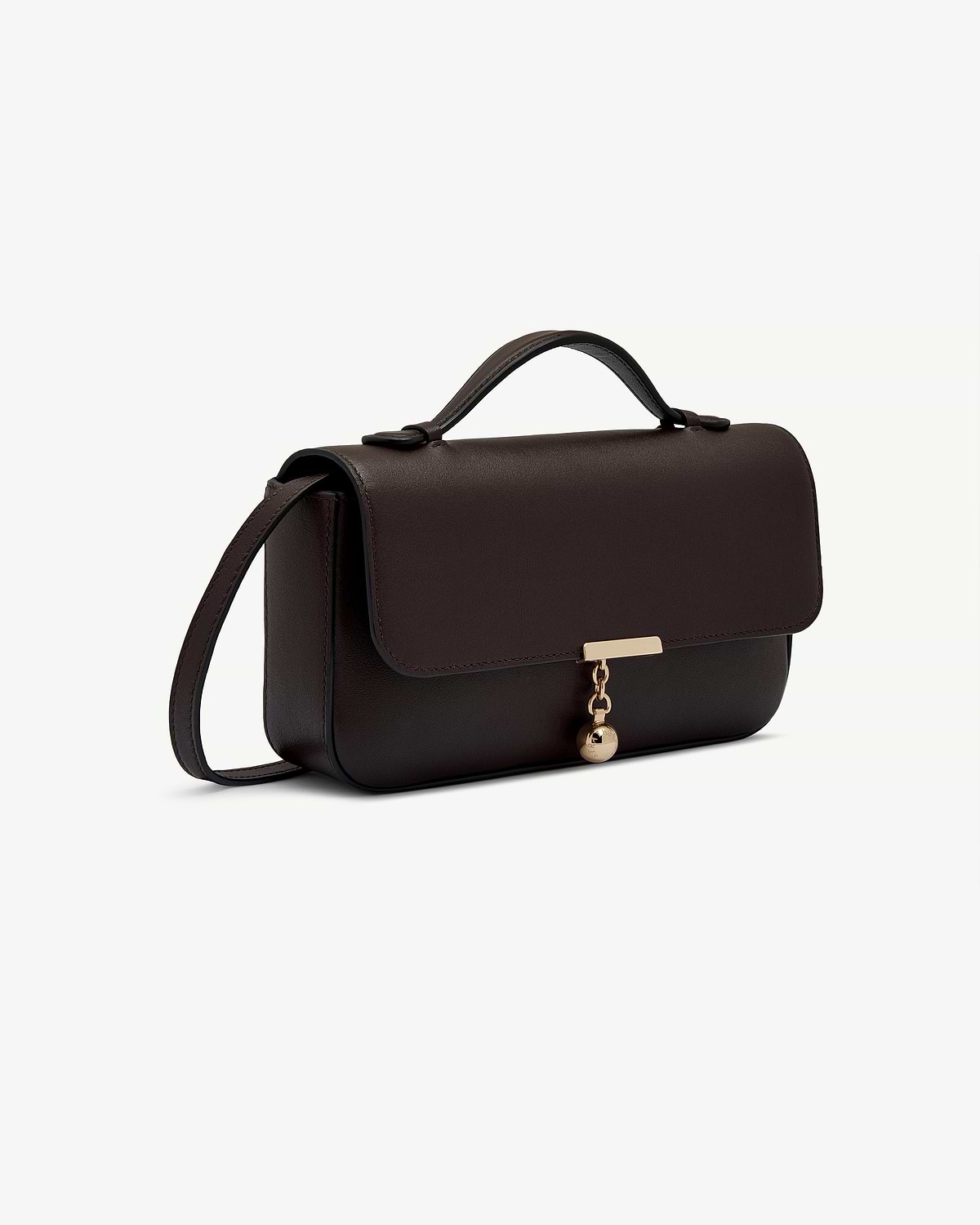 Espresso leather clutch with top handle and gold ball charm.