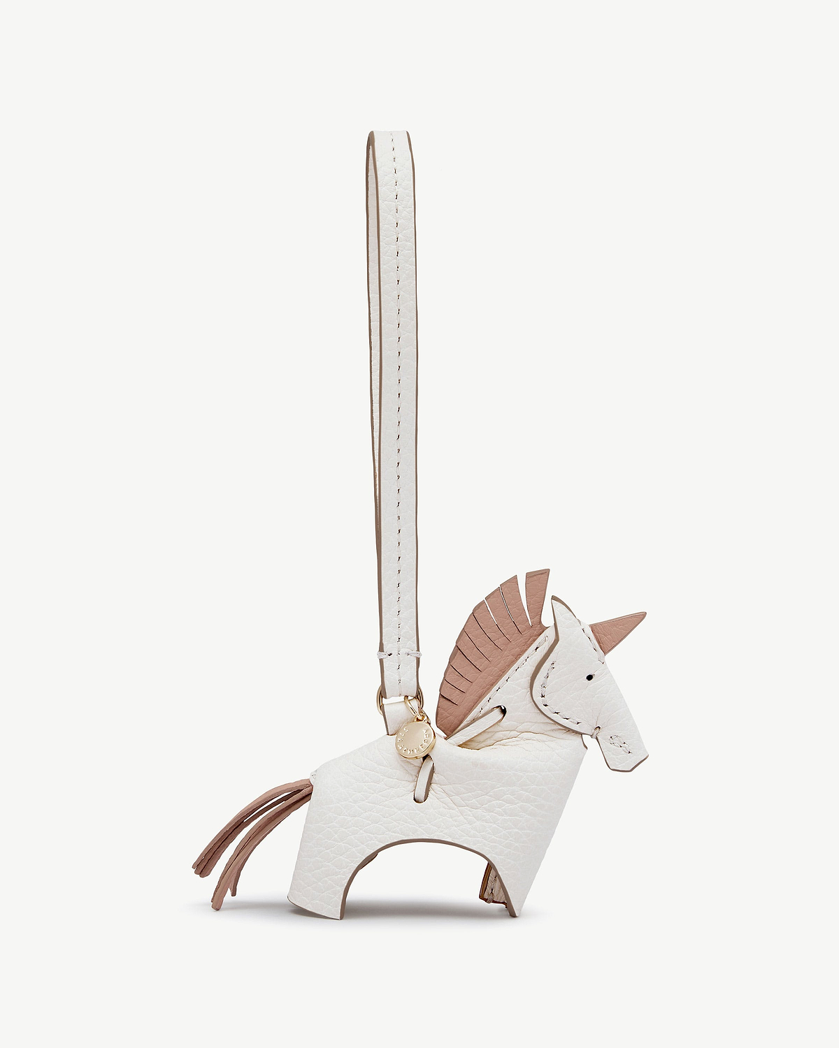 White and peony leather unicorn bag charm with strap and tassel.