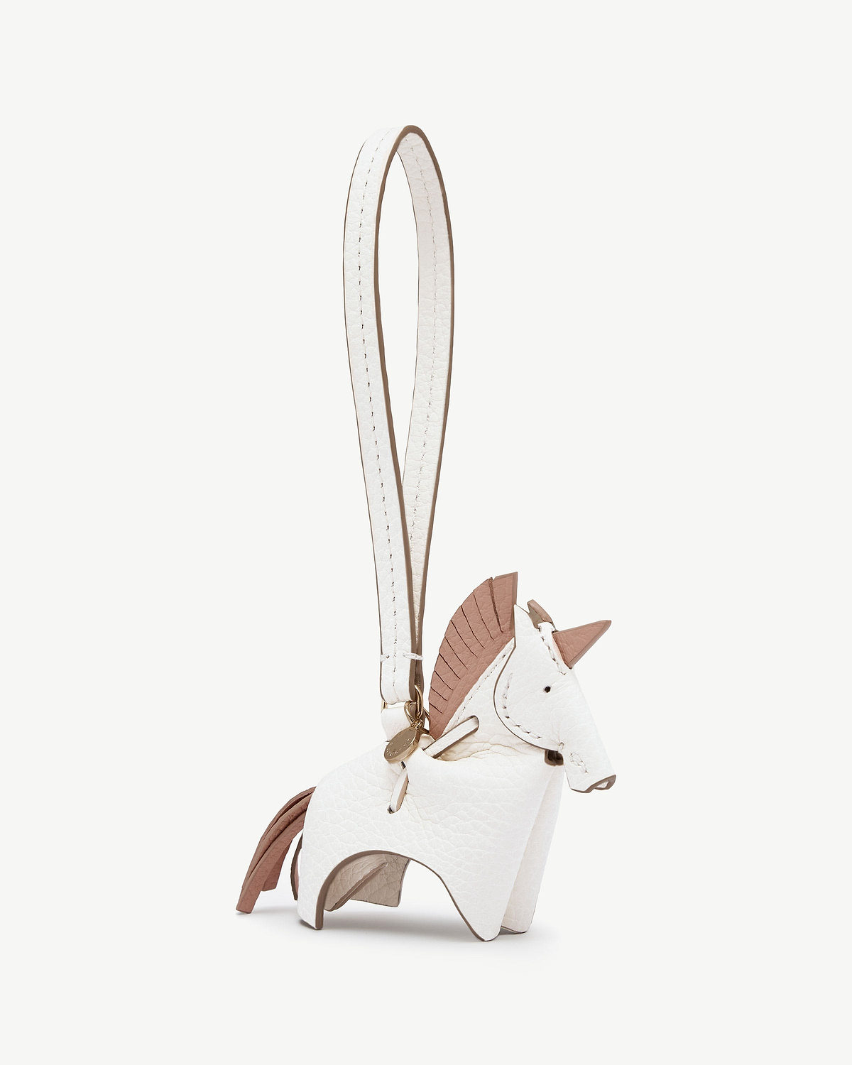 White leather unicorn bag charm with peony pink mane and white strap