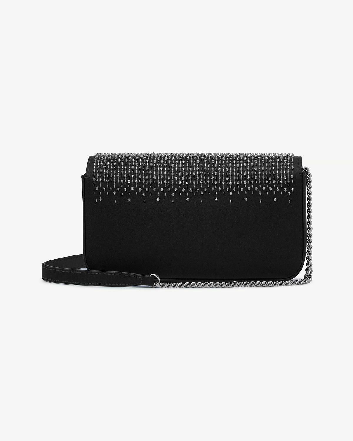 Black embroidered satin clutch with cascading beads and silver chain strap.