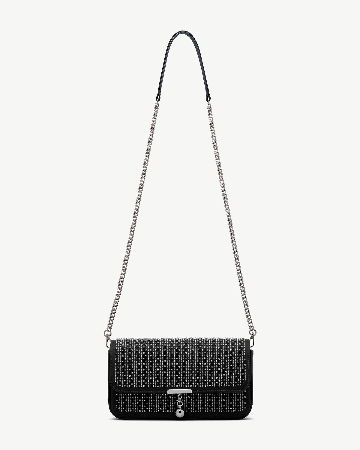 Black embroidered satin clutch with silver chain strap and crystal studs