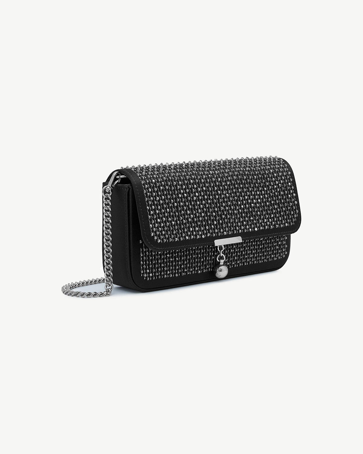 Black embroidered satin clutch with crystal embellishments and silver chain strap.